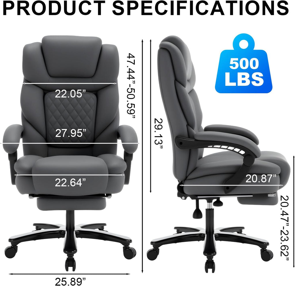 Reclining Office Desk Chair with Footrest Wide Seat Heavy Duty Desk Chair with Lumbar Support, 500lb Faux Leather Big Tall Office Chair with Leg Rest, Grey