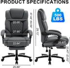 Reclining Office Desk Chair with Footrest Wide Seat Heavy Duty Desk Chair with Lumbar Support, 500lb Faux Leather Big Tall Office Chair with Leg Rest, Grey