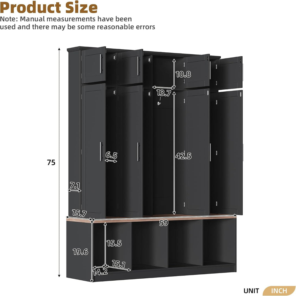 Hall Tree with Bench and Shoe Storage Compartments, Particle Board Multi-Functional Entryway Cabinet with 4 Hanging Hooks, Black