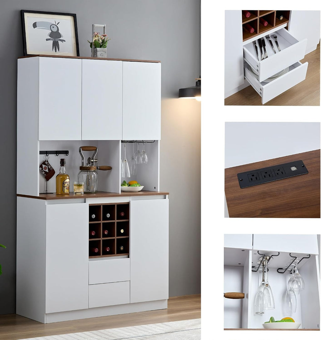 VERYKE 68.9'' Tall Kitchen Pantry with Microwave Shelf&Charging Station,Freestanding Kitchen Storage Cabinet with Hutch,Wood Buffet Hutch Liquor Cabinet for Home & Dining Room
