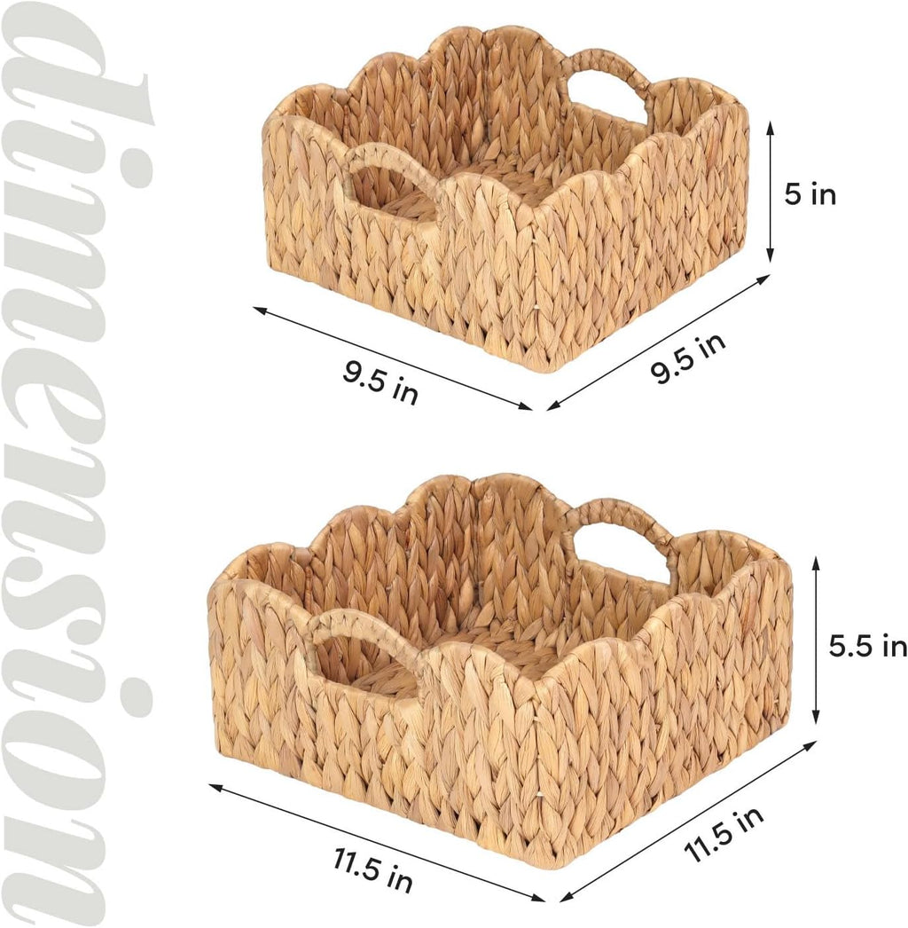 Scalloped Baskets (Natural-Set of 2) Basket Living Room Organizer, Water Hyacinth Baskets For Decor, Woven Basket for Bathroom, Bedroom, Laundr (2, Light Brown)