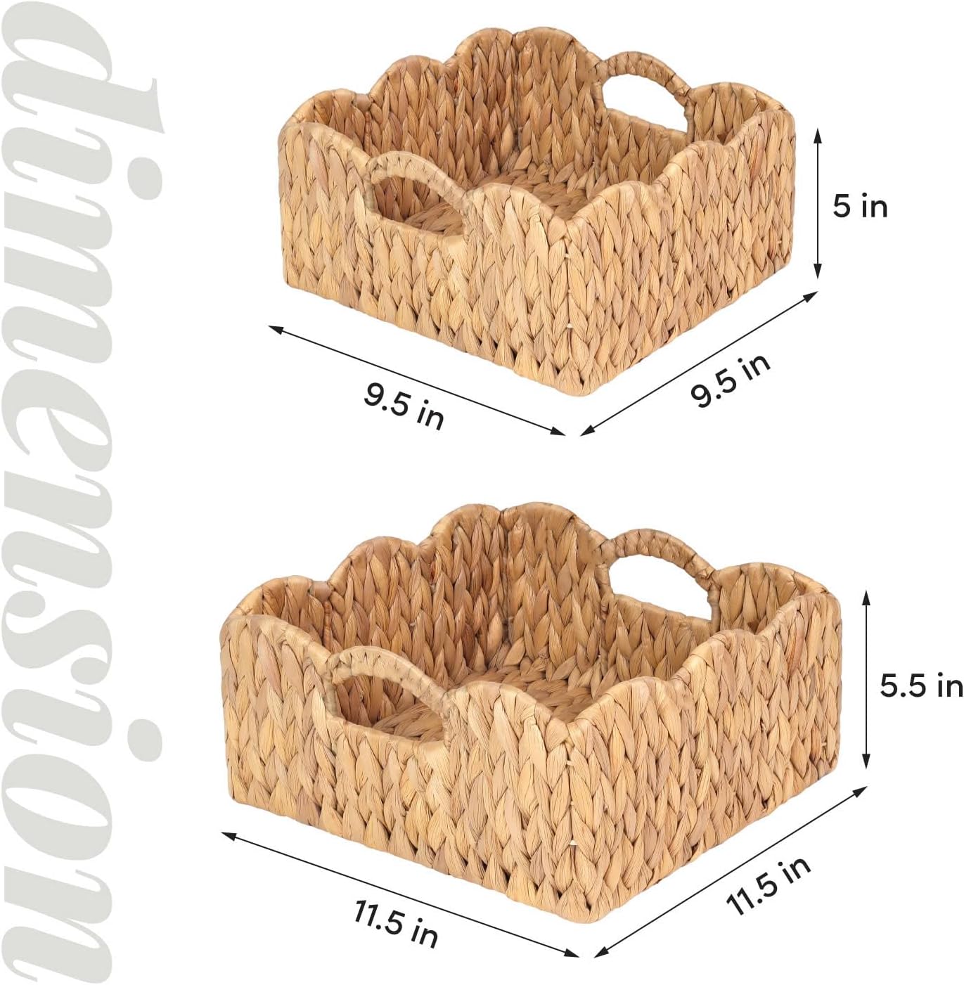 Scalloped Baskets (Natural-Set of 2) Basket Living Room Organizer, Water Hyacinth Baskets For Decor, Woven Basket for Bathroom, Bedroom, Laundr (2, Light Brown)