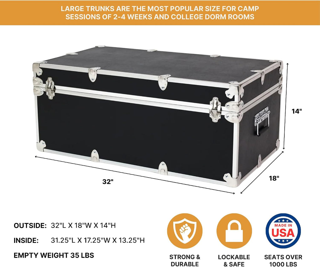 Large Essential Trunk With Wheels, Tray, & Lid Organizer - 32"x18"x14", 1000+ lbs Capacity. Strong, USA Made Summer Camp Footlocker, and Secure College Dorm Storage Chest