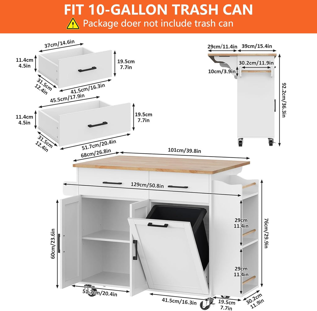Bigbiglife Kitchen Island with Storage, 39.8" Rolling Kitchen Island Cart with Drop Leaf & Storage - Mobile Kitchen Organizer with Wheels, Rubberwood Top, Trash Can Cabinet & Towel Rack, White