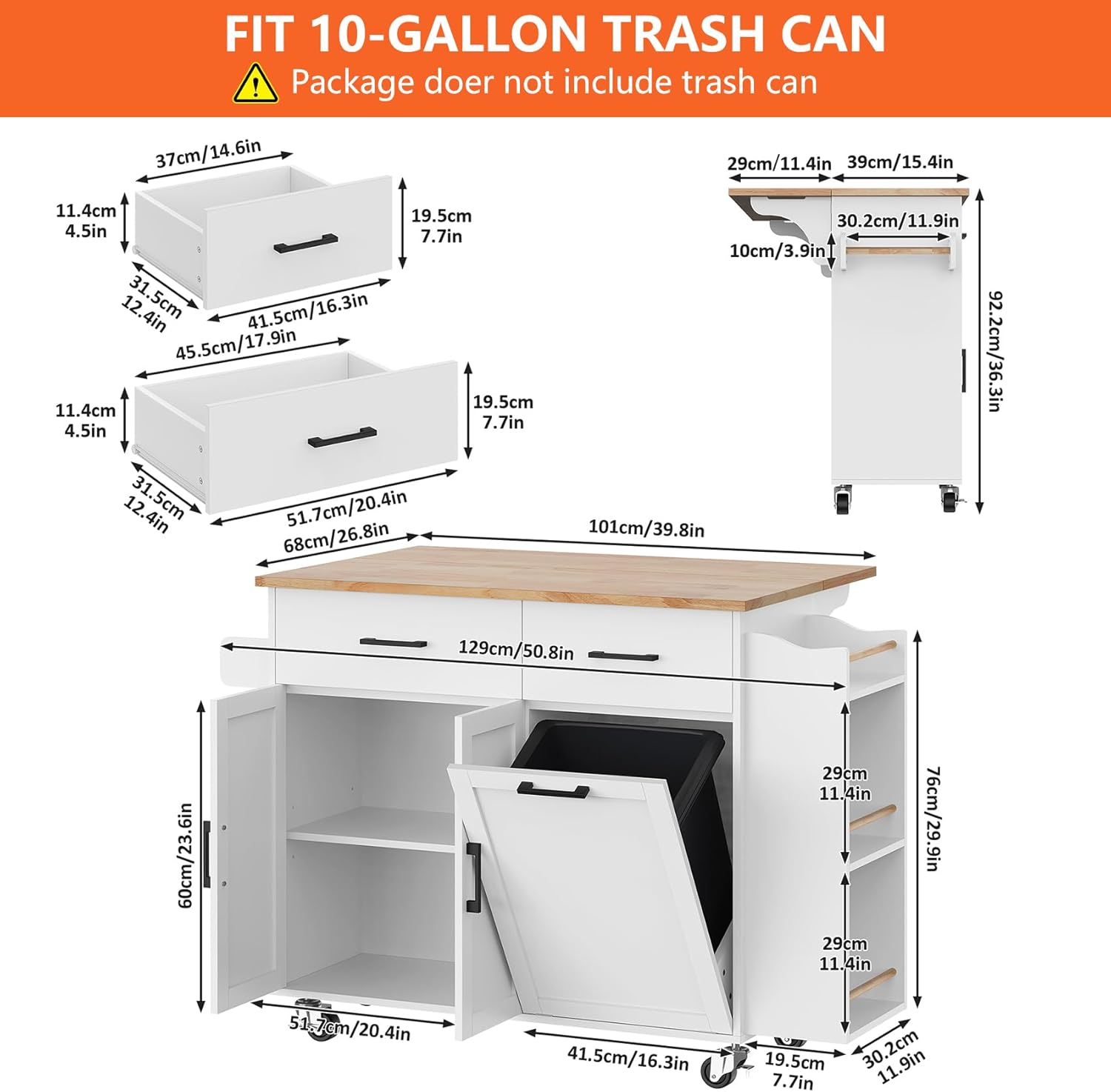 Bigbiglife Kitchen Island with Storage, 39.8" Rolling Kitchen Island Cart with Drop Leaf & Storage - Mobile Kitchen Organizer with Wheels, Rubberwood Top, Trash Can Cabinet & Towel Rack, White