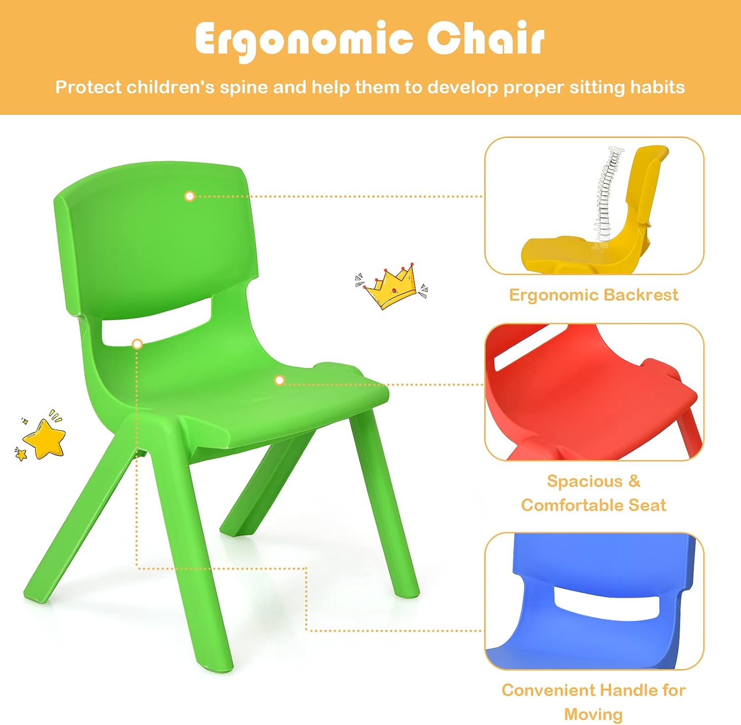 Costzon Kids Chairs, Stackable Plastic Colorful for Toddlers Boys Girls, Learn and Play Stools for School, Home & Play Room (Multicolor, 4 Chairs)