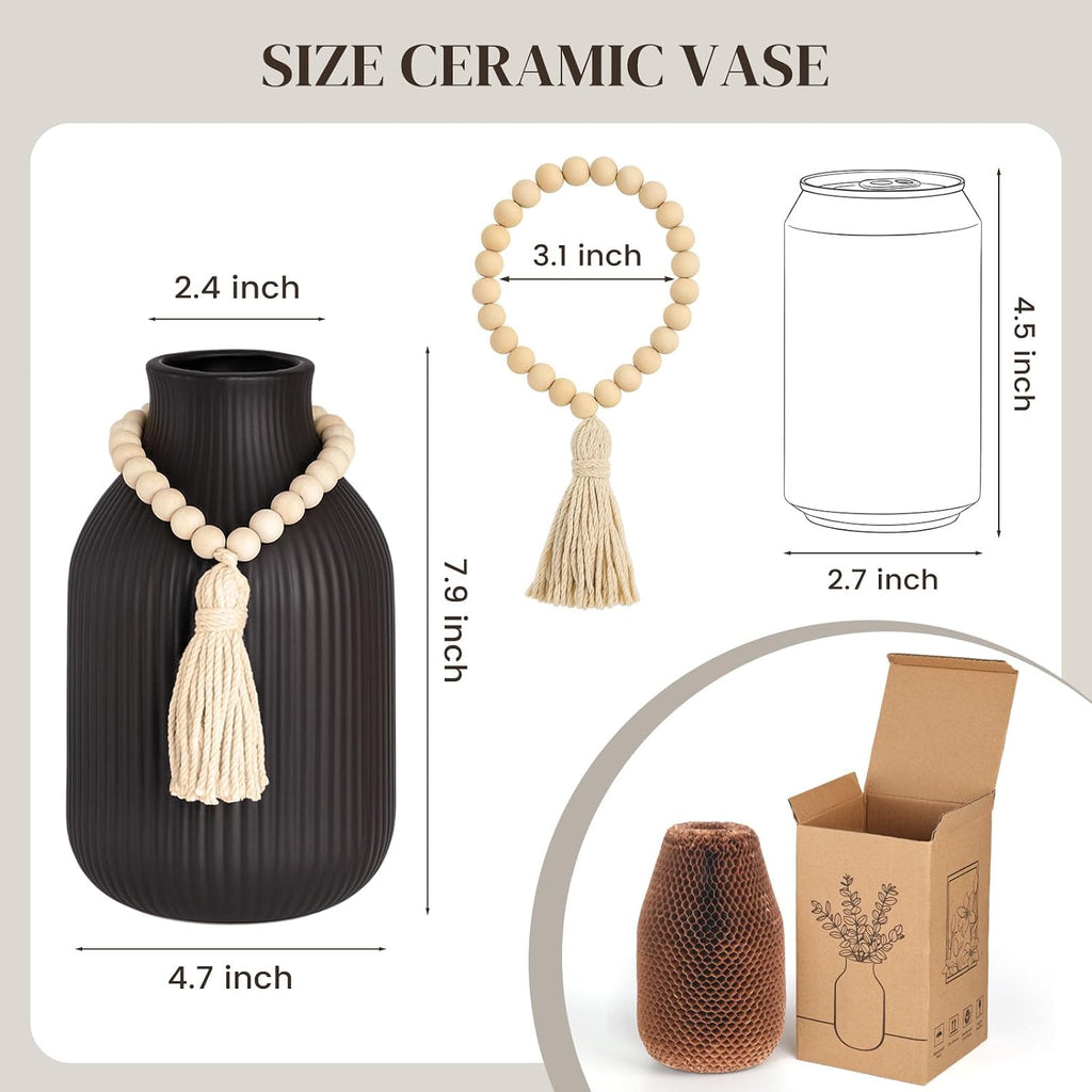 JOHOUSE Black Ceramic Vase, 7.9 Inch Tall Boho Ribbed Vase with Wooden Beads Tassel for Pampas Grass, Wedding Centerpiece, Coffee Table, Bedroom & Apartment, Neutral Farmhouse Decor