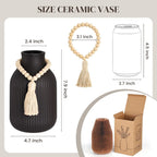 JOHOUSE Black Ceramic Vase, 7.9 Inch Tall Boho Ribbed Vase with Wooden Beads Tassel for Pampas Grass, Wedding Centerpiece, Coffee Table, Bedroom & Apartment, Neutral Farmhouse Decor