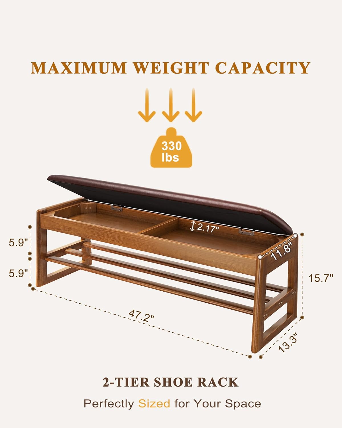 IUNVR Shoe Rack Bench with Hidden Storage, 2-TierSolid Rubberwood Entryway Bench with SoftLeather Cushioned Seat & Flip-Top Storage,330lbs Capacity, Wooden Shoe Organizer forHallway, Closet, Foyerm