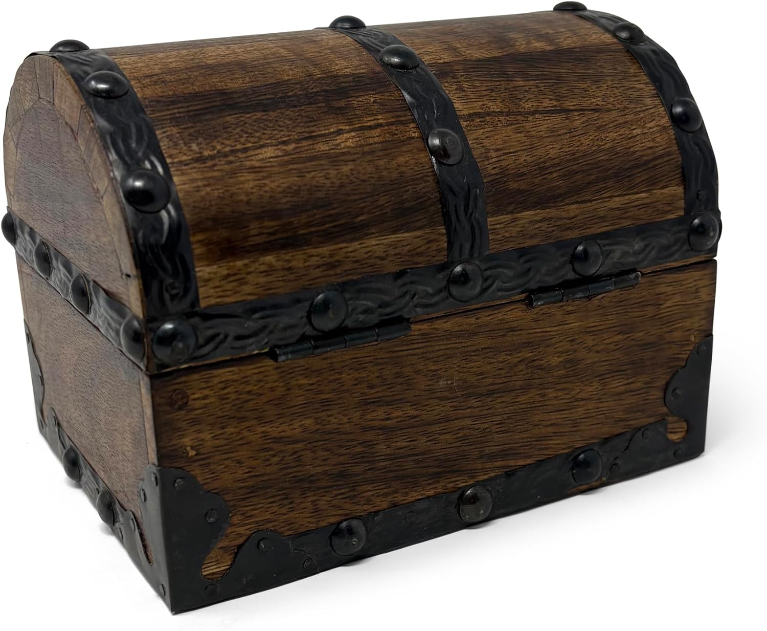 Nautical Cove Wood Treasure Chest with Decorative Rivets and Reinforcing Iron Strips with Lock and Skeleton Keys (Dark Antique, X-Small 5.5x4x4) – Wooden Keepsake Box, Pirate Decor, Storage Chest