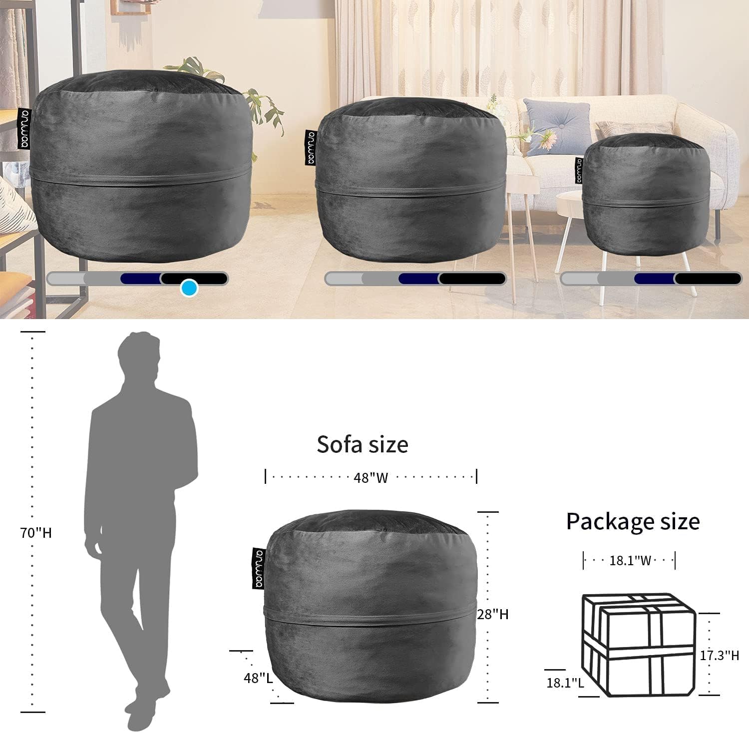 Bean Bag Chair for Adults, Oversized Bean Bag Couch for Gaming, Reading, and Relaxation, 4FT High-Rebound Memory Foam Bean Bag Sofa with Removable Cover, Black