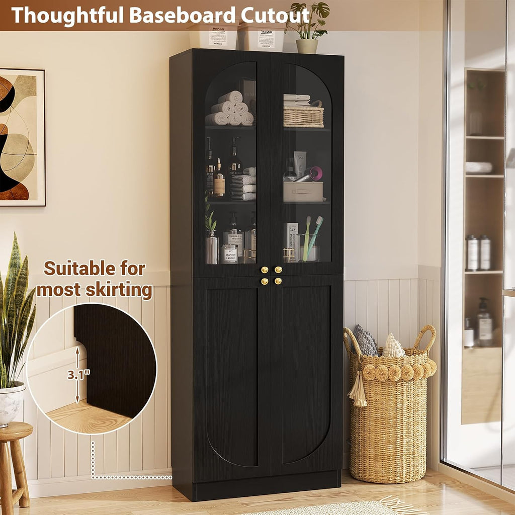 Cyclysio 80" Tall Pantry Cabinet with 3 Drawers, Arched Kitchen Storage Cabinets with 3-Tier Open Shelves and Glass Doors, Wood Floor Cupboard with Seamless Fit Wall for Living Room, Kitchen
