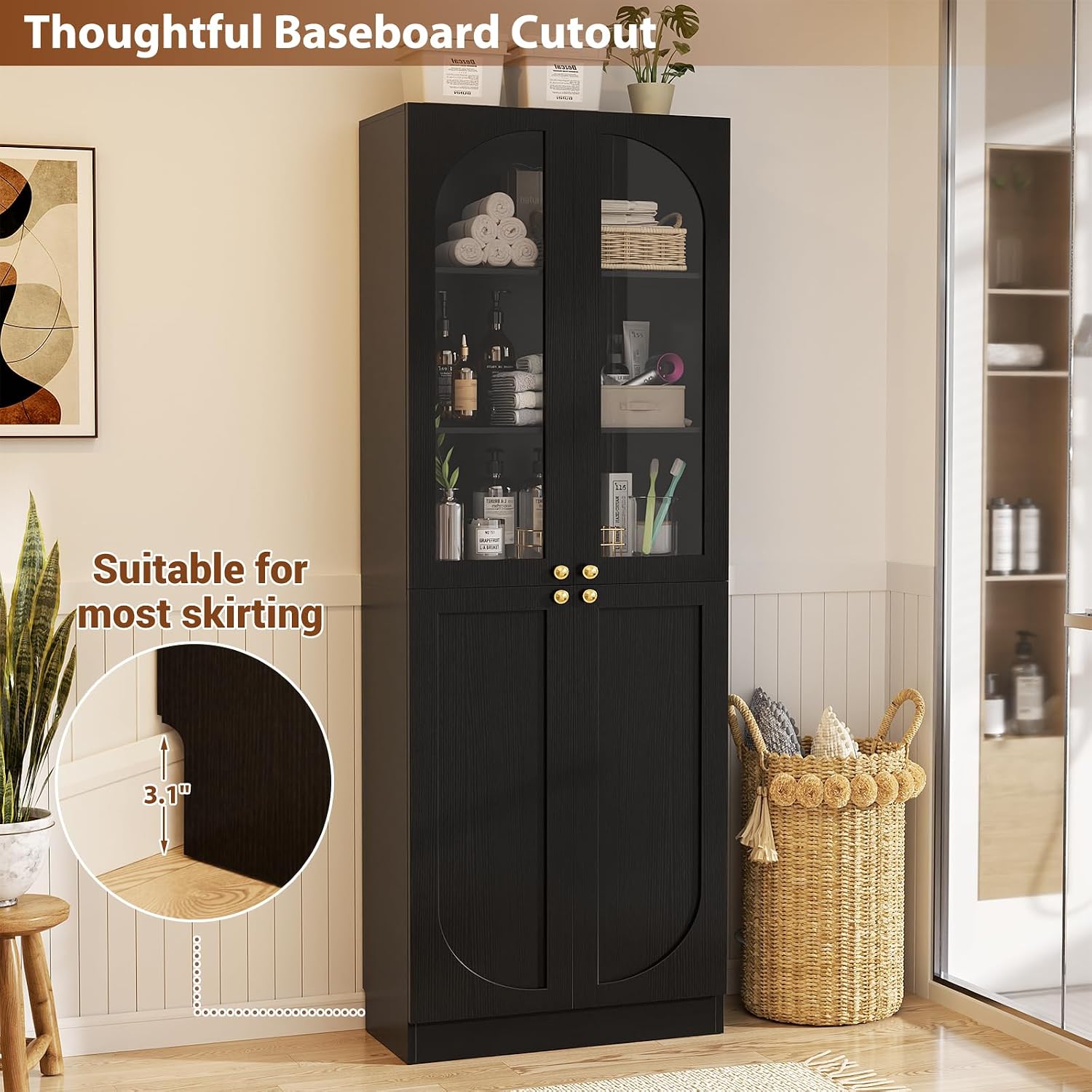 Cyclysio 80" Tall Pantry Cabinet with 3 Drawers, Arched Kitchen Storage Cabinets with 3-Tier Open Shelves and Glass Doors, Wood Floor Cupboard with Seamless Fit Wall for Living Room, Kitchen