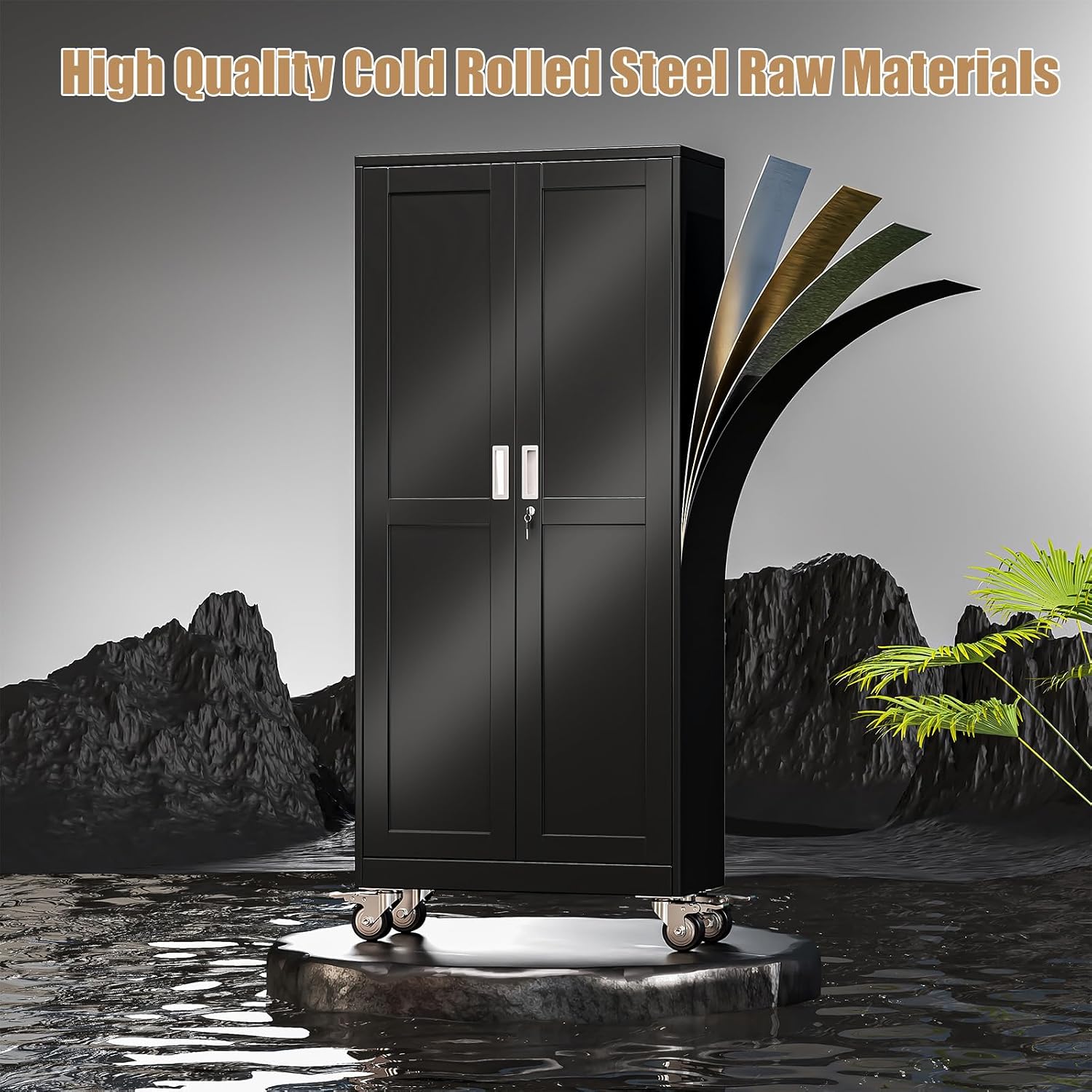 75" H Metal Pantry Storage Cabinet with Wheels,Rolling Kitchen Pantry Cabinet with 2 Doors and 5 Adjustable Shelves, Locker Steel Cabinet,Organization Cabinet for Garage,Home,Gym,School,Black