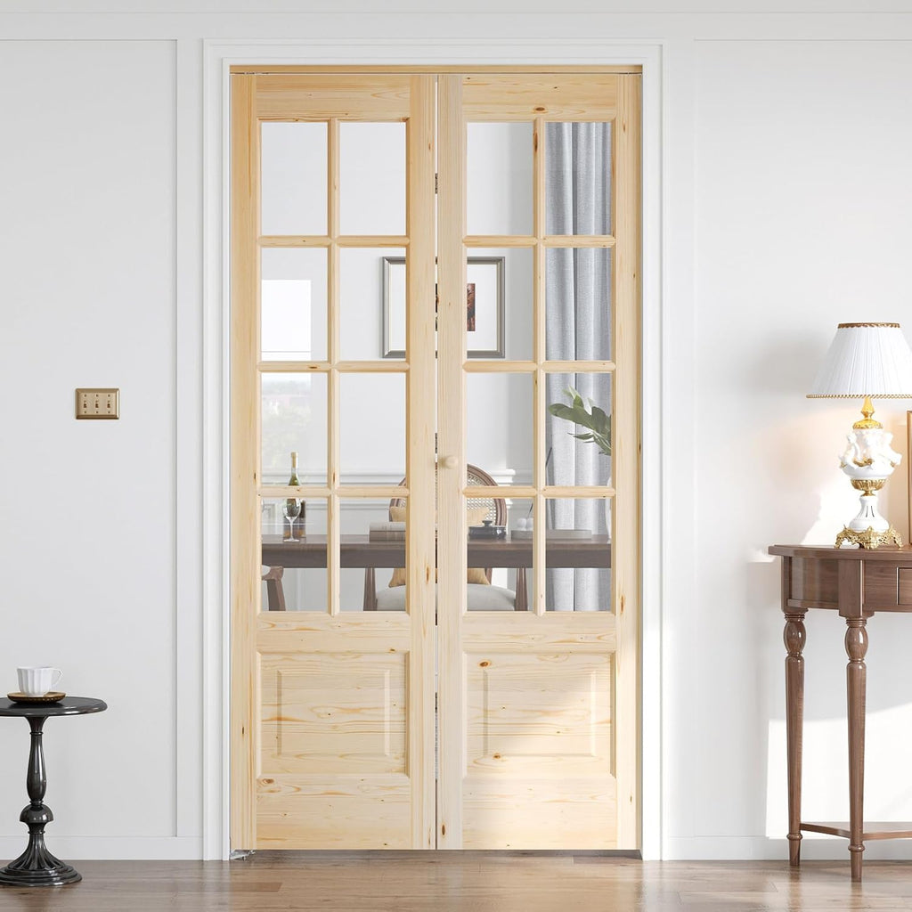 Bifold Doors for 42"×80"(Double 21inx80in) Opening, Clear Glass French Interior Folding Barn Door with Concealed Hardware Kit Included, Support DIY Dyeing, Preassembled Door, Save Space