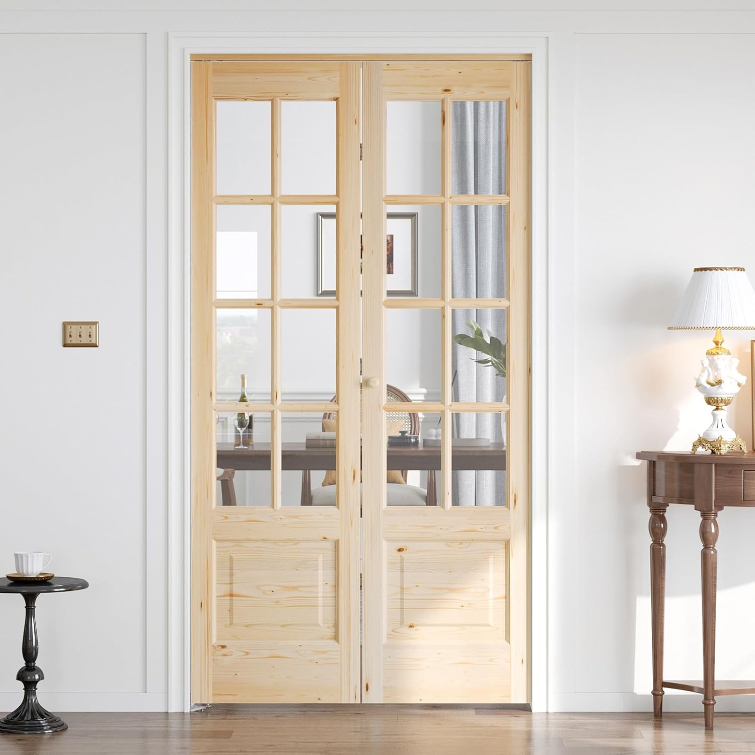 Bifold Doors for 42"×80"(Double 21inx80in) Opening, Clear Glass French Interior Folding Barn Door with Concealed Hardware Kit Included, Support DIY Dyeing, Preassembled Door, Save Space