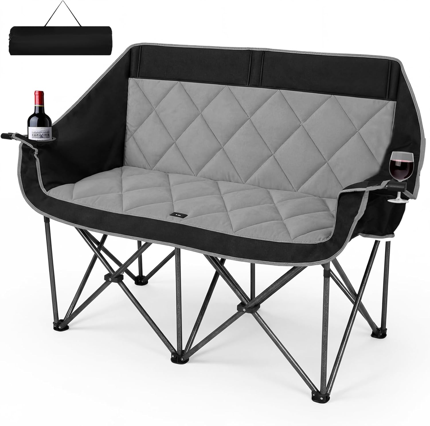 Double Camping Chair for 2 Persons, Oversized Folding Loveseat Camping Chair with Cup & Wine Holders, Heavy Duty 750LBS Support, Portable Camping Couch for Outdoor, Lawn, Beach, Black+Grey