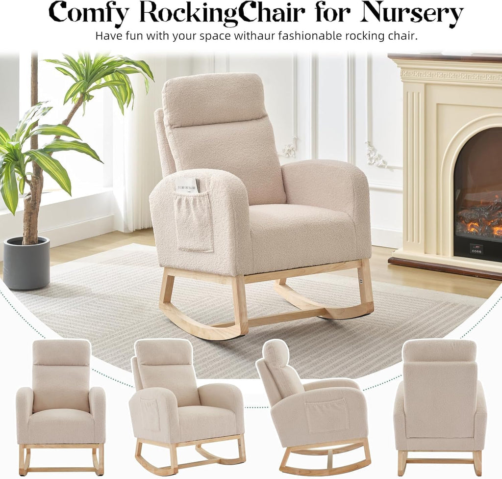 Modern Nursery Chair,Rocking Chair with High Backrest Armchair,Teddy Upholstered Glider Recliner Accent Reading Chairs Padded Seat for Living Room,Bedroom,Beige
