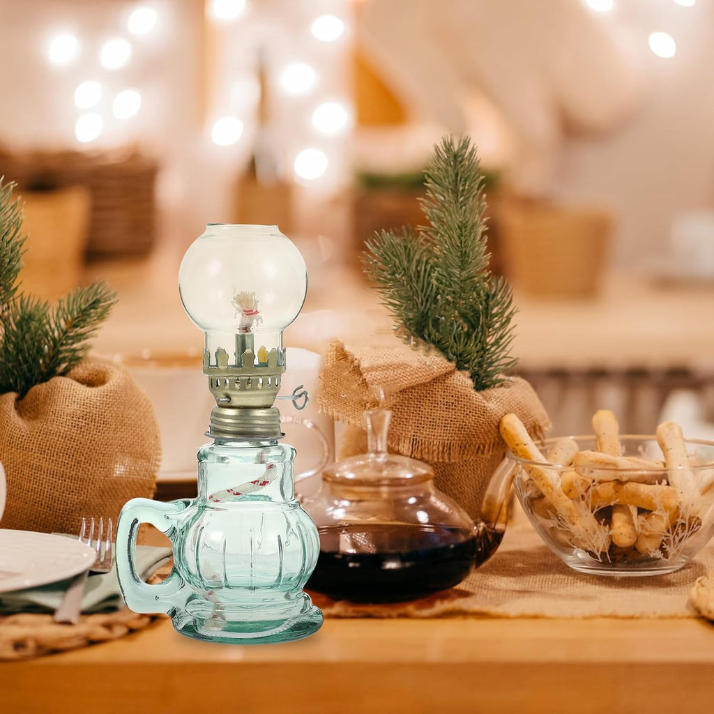 FAVOMOTO Vintage Glass Kerosene Oil Lamp Retro Style Oil Lantern for Indoor Home Décor, Emergency Lighting, Round Teal Lantern