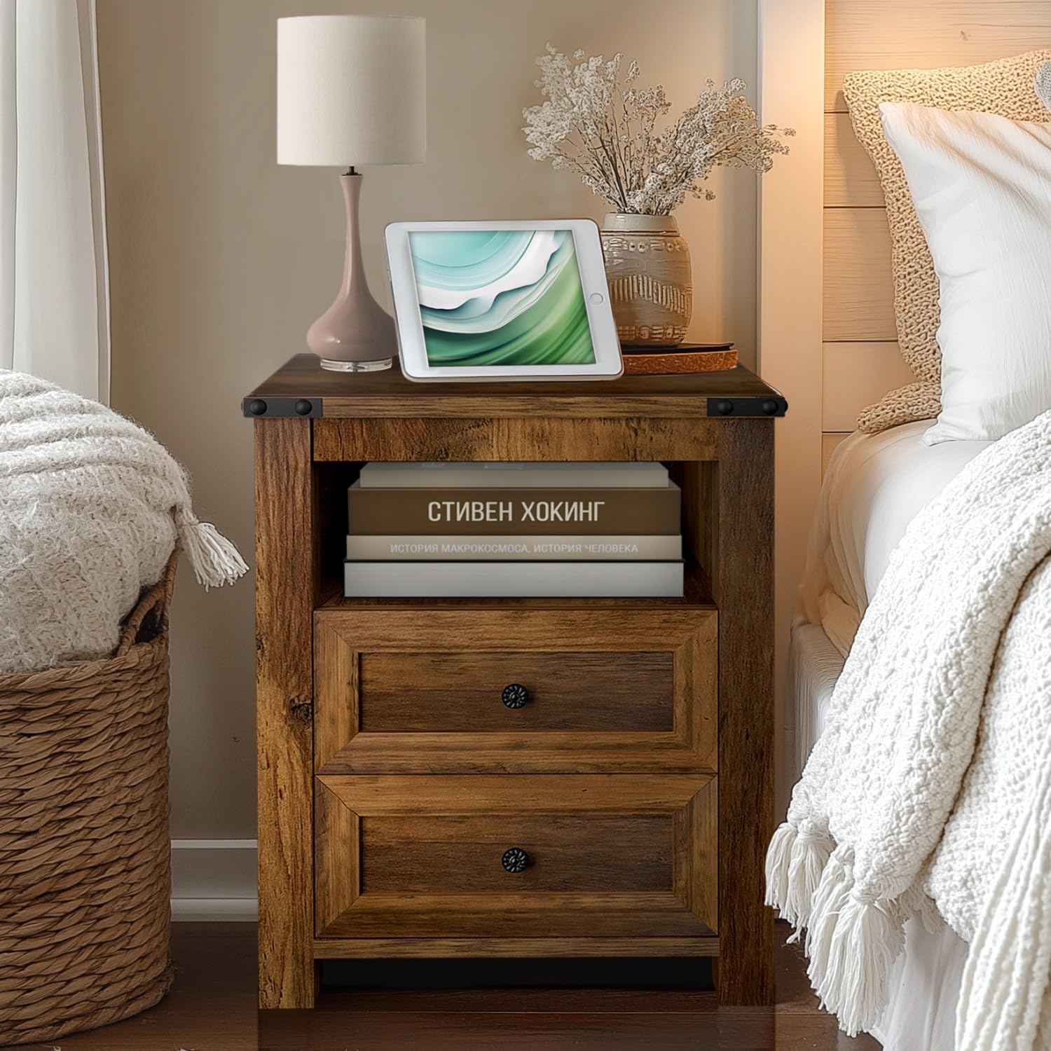 MUUEGM Night Stand with Charging Station, 18'' Rustic Nightstand with 2 Storage Drawers and Open Shelves, Modern Wood End Tables for Bedroom, Living Room, Closet, Office, Brown Nightstands