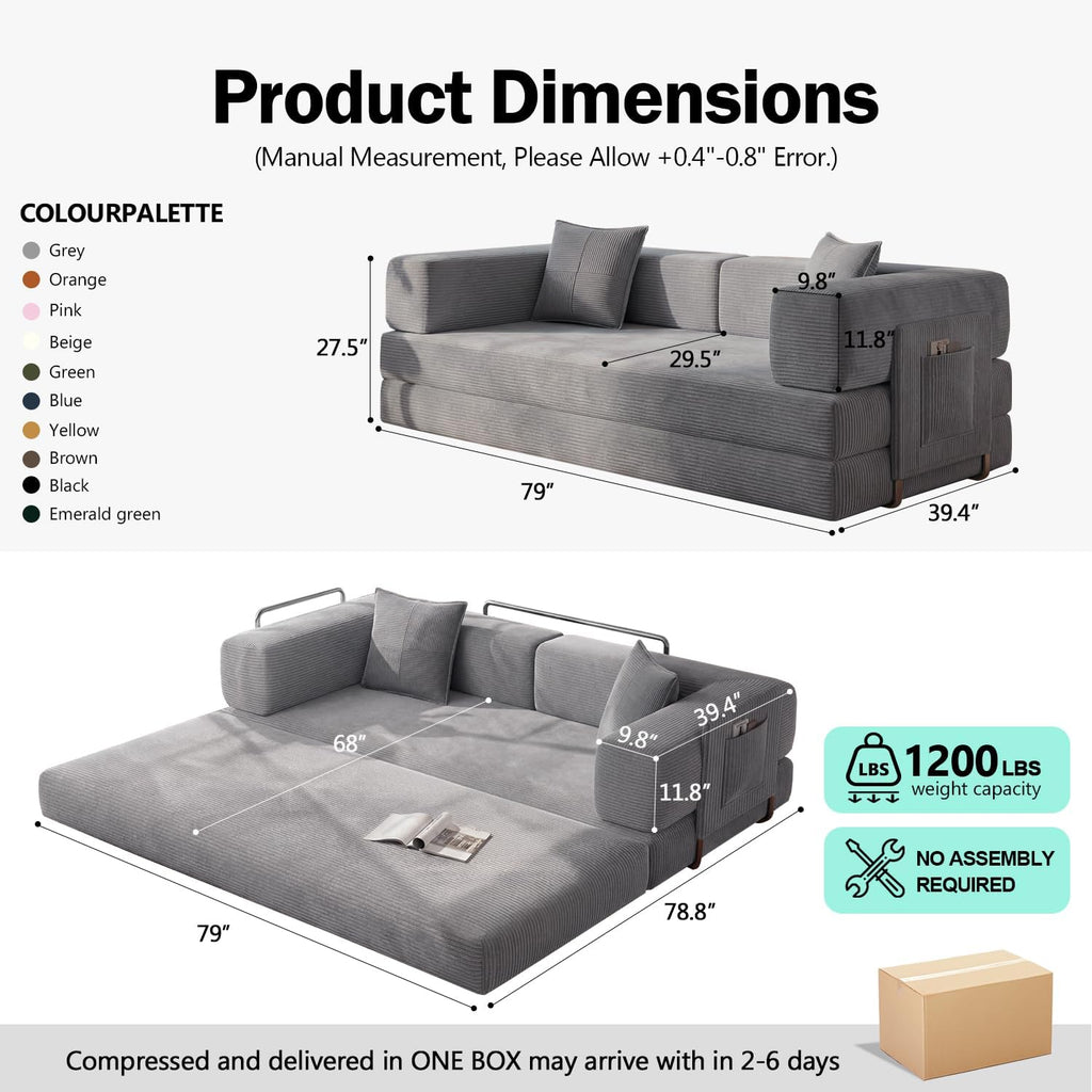 79" Convertible Sofa Bed, Corduroy Pull Out Couch with Storage Pocket, Folding Futon Sofa Bed, No Assembly Boneless Couch Bed Sleeper Sofa for Living Room Bedroom, Grey