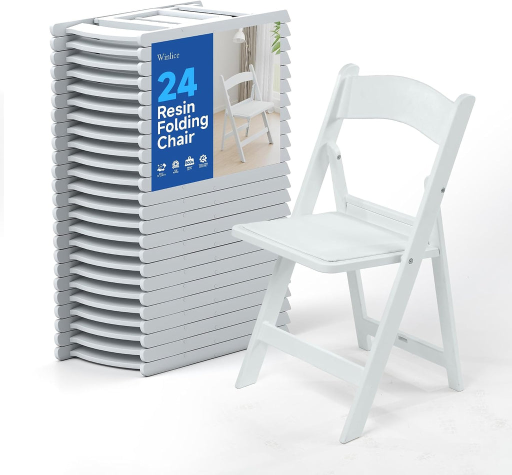White Resin Folding Chairs - Stackable Chairs with Padded Seats, 800LB Weight Capacity Comfortable Chair - Indoor/Outdoor Folding Chairs for Events - Lightweight Foldable Chairs (24 Pack)