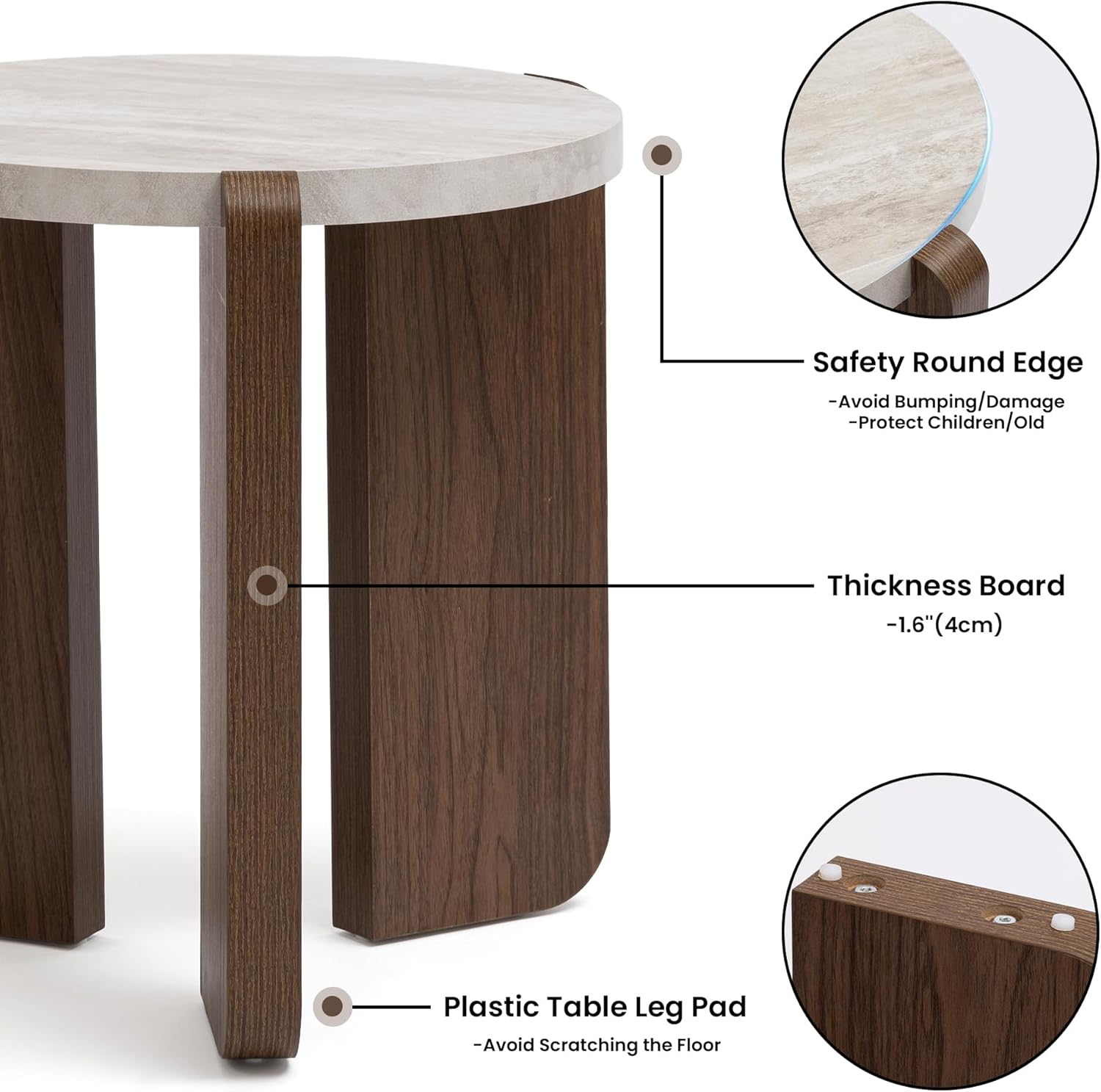 HOMPUS Farmhouse Round End Table, French Country White Bedside Table, Faux Marble Tabletop Sofa Table, Accent Side Table for Living Room, Bedroom, Office, Small Spaces, Easy Assembly (White + Brown)