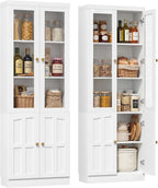 Cyclysio 80" Kitchen Pantry Cabinet with Glass Doors and Adjustable Shelves, Kitchen Cabinet with Thickened Top Panel, Tall Cabinet for Livingroom, Pantry, Bathroom, White, Set of 2