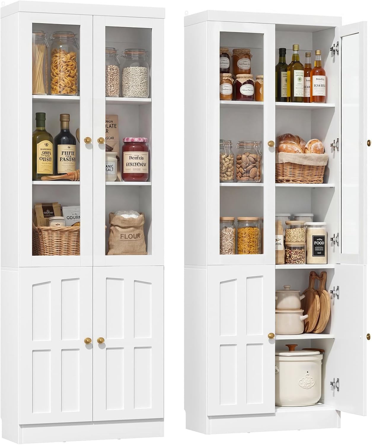 Cyclysio Kitchen Pantry Cabinet, 80" Wood Pantry Storage Cabinet with Doors and Adjustable Shelves, Kitchen Cabinet with Thickened Top Panel, Tall Cabinet for Livingroom, Pantry, Bathroom, White