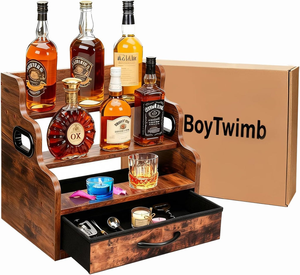 Liquor Bottle Display Shelf 3 Floors with Drawers | Countertop Wine Rack, Accommodates 12 Bottles and 36 K Cups, Minibar Coffee Syrup Storage Box, Whiskey
