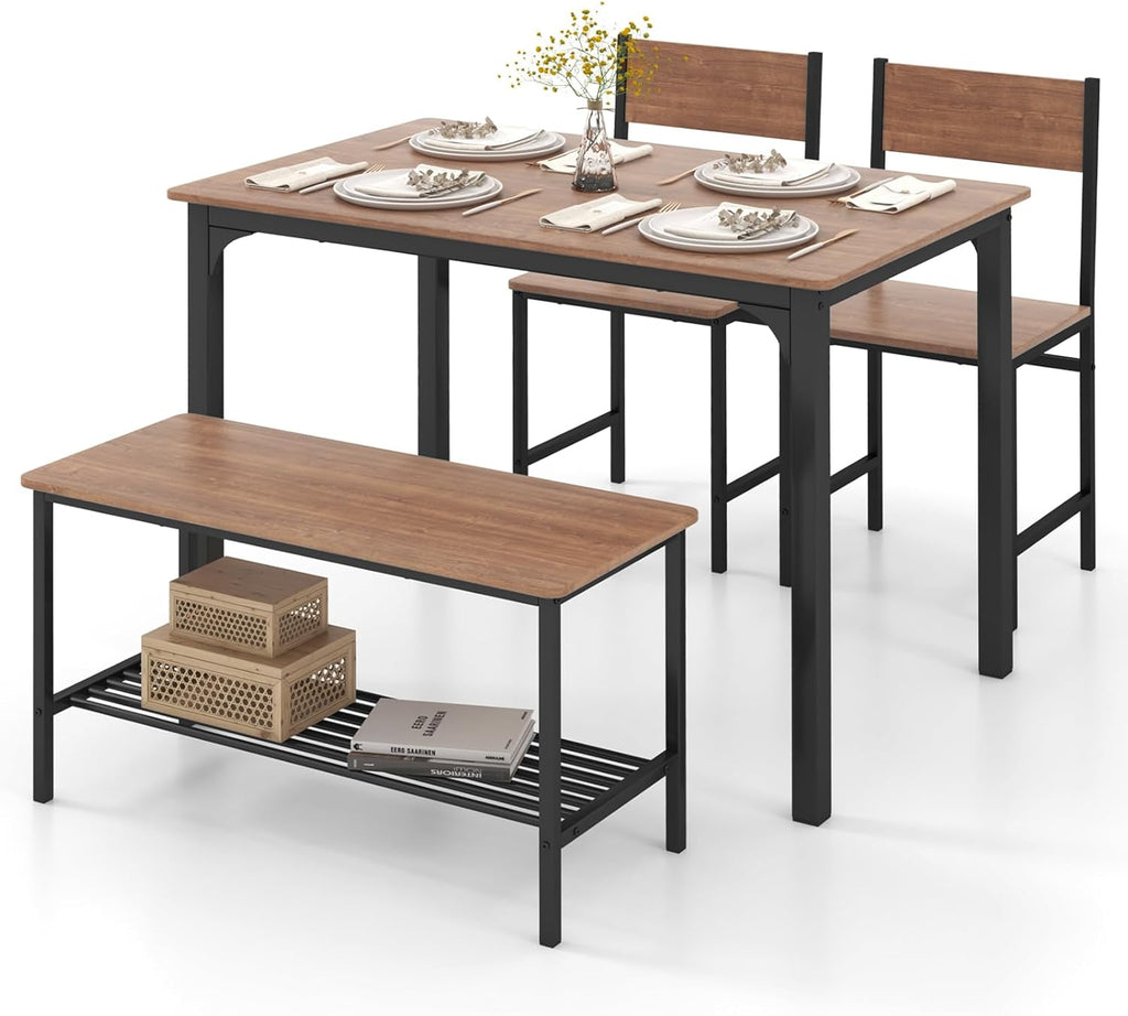 GOFLAME 4-Piece Dining Table Set for 4, Industrial Kitchen Table with 2 Chairs & Bench, Space Saving Breakfast Table Set with Storage Shelf and Metal Frame, Wooden Dinette for Dining Room, Walnut