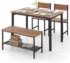 GOFLAME 4-Piece Dining Table Set for 4, Industrial Kitchen Table with 2 Chairs & Bench, Space Saving Breakfast Table Set with Storage Shelf and Metal Frame, Wooden Dinette for Dining Room, Walnut