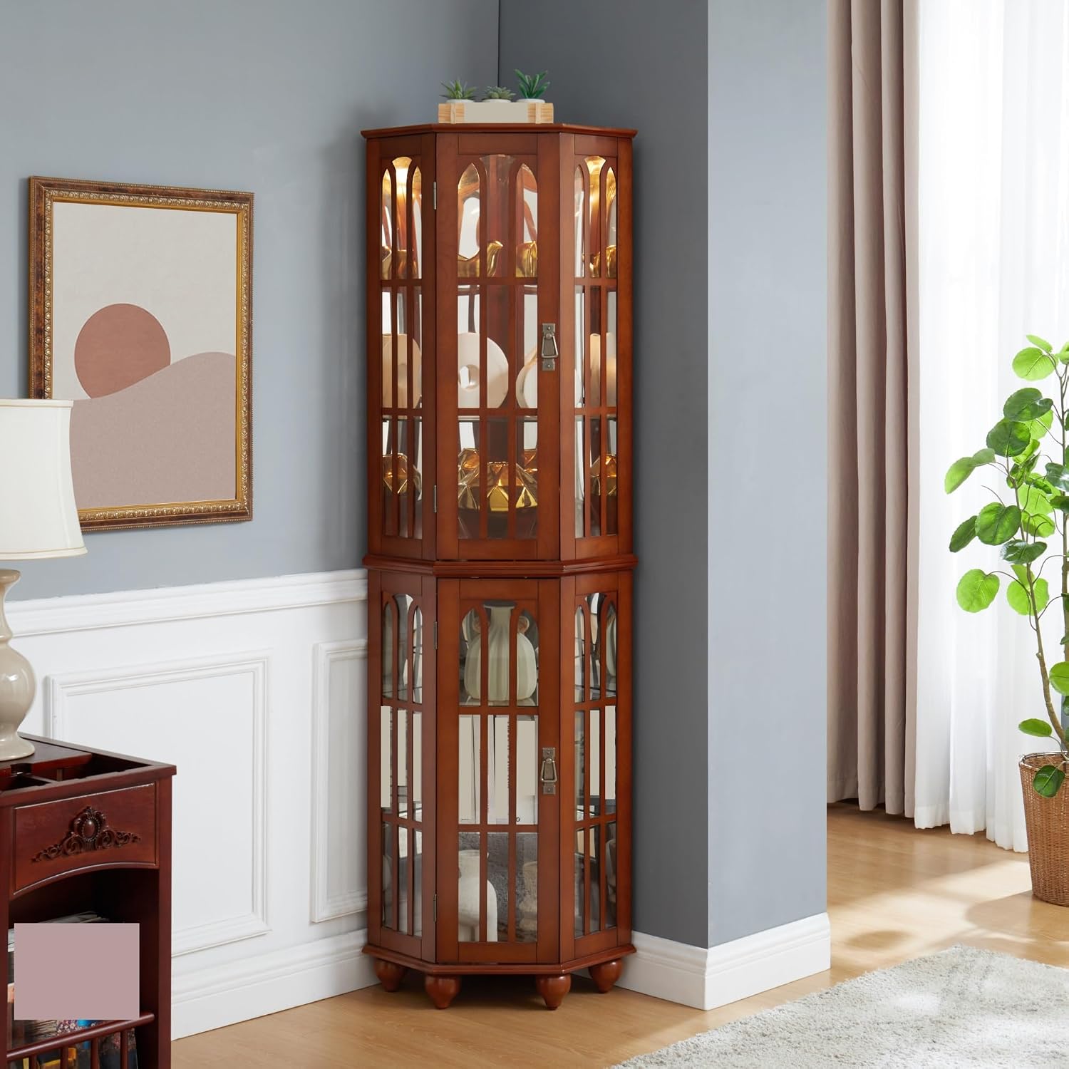 Pantry Sideboard Locker, Corner Curio Cabinet, with 4 Adjustable Tempered Glass Shelves and Lighting System,for Kitchen Home