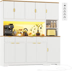 63" Kitchen Storage Cabinet with LED Light & Charging Station, Pantry Cabinet with Fluted Doors & Gold Handles, Hutch with 4 Drawers & Adjustable Shelves, Coffee Bar Cabinet for Dining Room, White