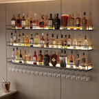 39.4" Wall Mounted Wine Rack with Lights, 3-Tier Floating Bar Shelf | Holds Wine Bottles & Hanging Glasses, for Home Bar/Cafe/Dining Room, Modern Decor, Easy Wall Install