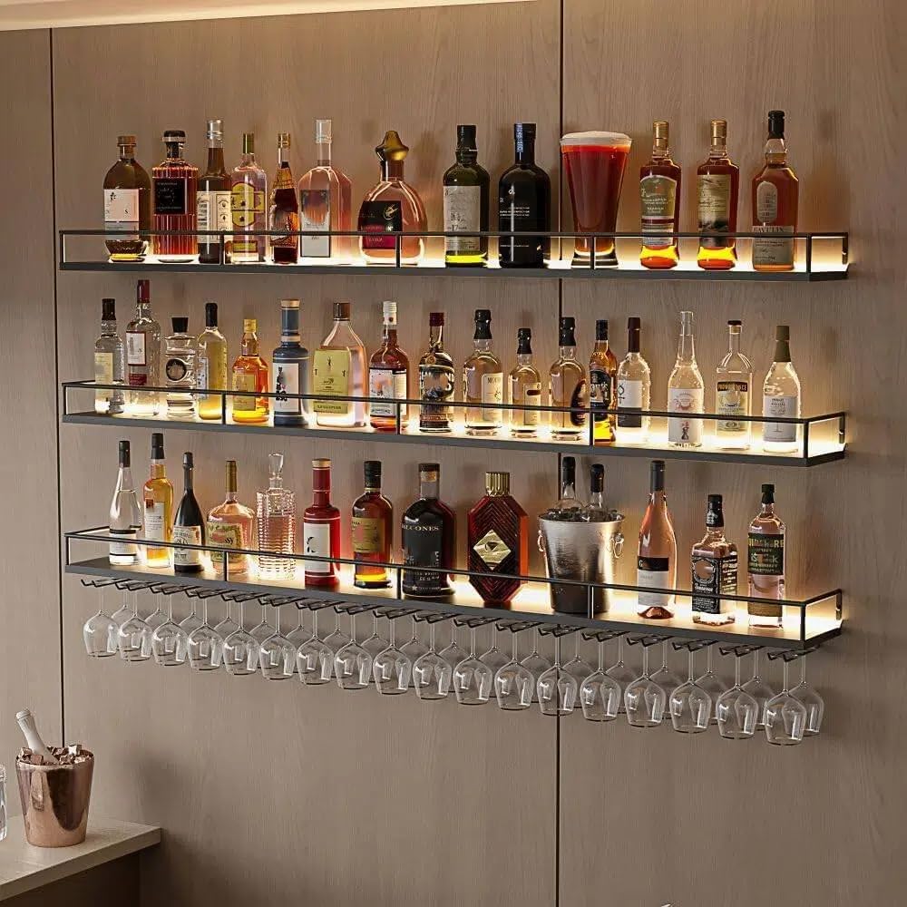 39.4" Wall Mounted Wine Rack with Lights, 3-Tier Floating Bar Shelf | Holds Wine Bottles & Hanging Glasses, for Home Bar/Cafe/Dining Room, Modern Decor, Easy Wall Install