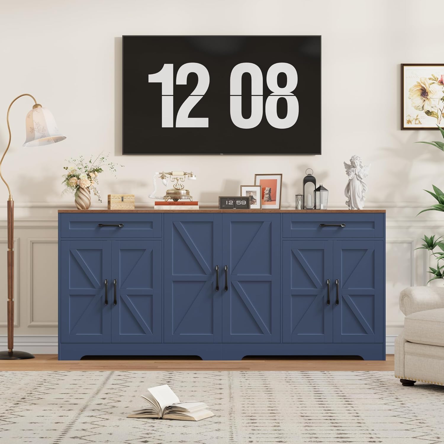 71” Large Sideboard Buffet Cabinet with Storage, Farmhouse Kitchen Buffet Cabinet with Adjustable Shelves and 6 Barn Doors, Wood Coffee Wine Bar Console Table for Kitchen, Dining Room, Navy Blue