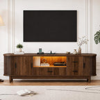Haewon 63" Mid Century Modern TV Stand for TVs up to 75 Inch, Wood Entertainment Center with LED Lights and Power Outlet, Modern TV Console with Fluted Sliding Doors for Living Room, Walnut