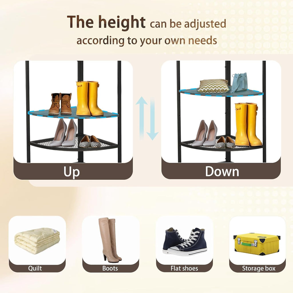Corner Coat Rack, Coat Rack with Shoe Storage, Hall Tree with Bench and Shoe Storage, Freestanding Shelves with 14 Hook for Entryway, Hallway,Bedroom (Corner)