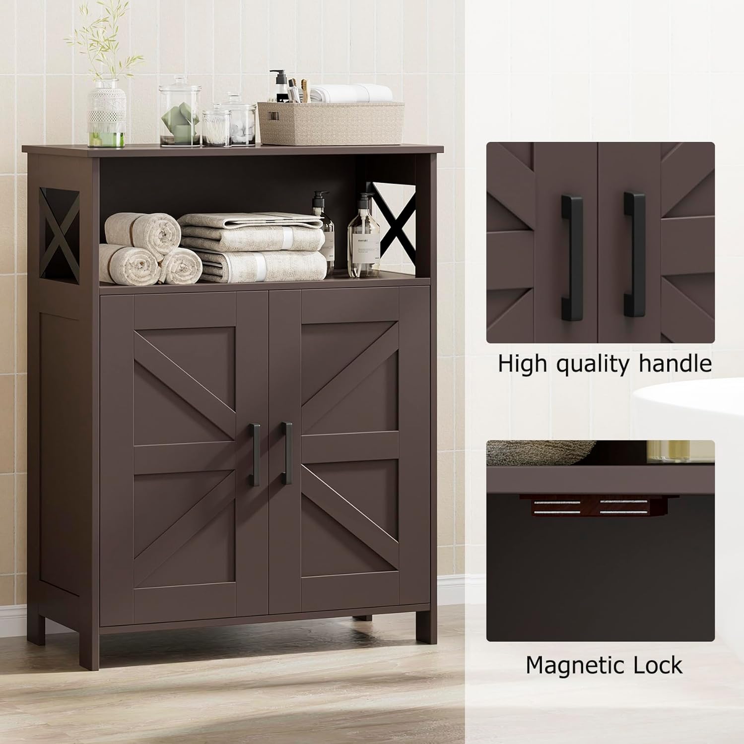 Homhedy Farmhouse Bathroom Storage Cabinet with 2 Doors, Toilet Paper Cabinet with Adjustable Shelf, Small Bathroom Cabinet for Kitchen/Laundry/Living Room, 11.8 x 23.6 x 31.5 Inches, Brown