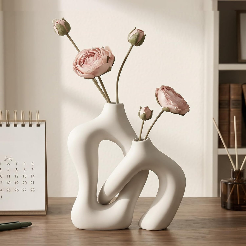 Dowan White Vases for Decor,Hollow Ceramic Vase Set of 2,7.6" Nordic Modern Boho ins Style Decorative Ceramic Aesthetic Flower Vase for Home Decor Modern Minimalist Table, Entryway Centerpieces