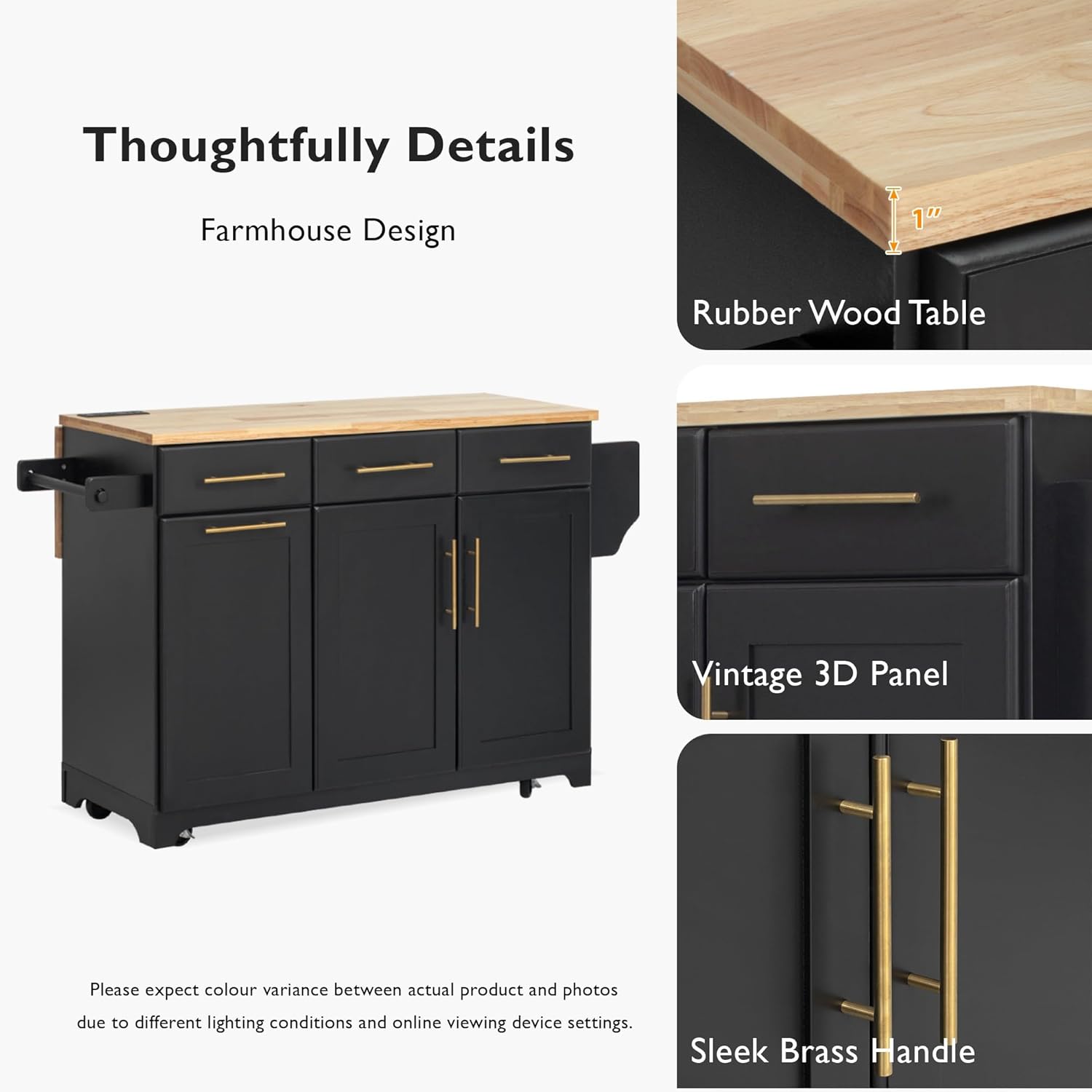 Merax 59.3" Black Kitchen Island with Storage, 2 Pull Out Cabinet Organizers & Rubber Wood Drop Leaf, Rolling Island Table with Trash Can Storage, Power Outlet, Spice & Towel Rack for Kitchen Dining