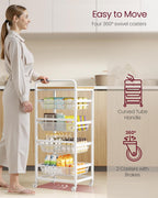 VASAGLE Storage Rolling Cart with Pull-Out Baskets, 5-Tier Utility Cart Orgnizer with Wheels for Laundry Room, Kitchen, Handle, 12.5 x 15.8 x 37.4 Inches, Golden Oak and Matte White ULRC041YA01