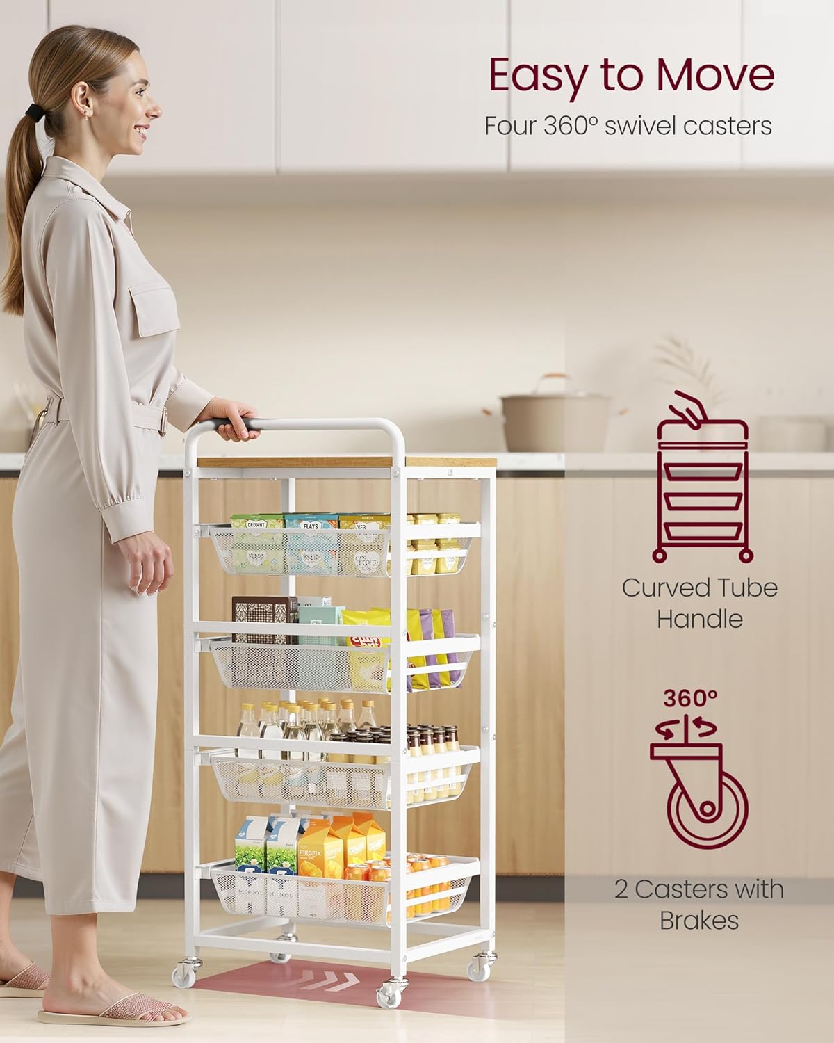 VASAGLE Storage Rolling Cart with Pull-Out Baskets, 5-Tier Utility Cart Orgnizer with Wheels for Laundry Room, Kitchen, Handle, 12.5 x 15.8 x 37.4 Inches, Golden Oak and Matte White ULRC041YA01
