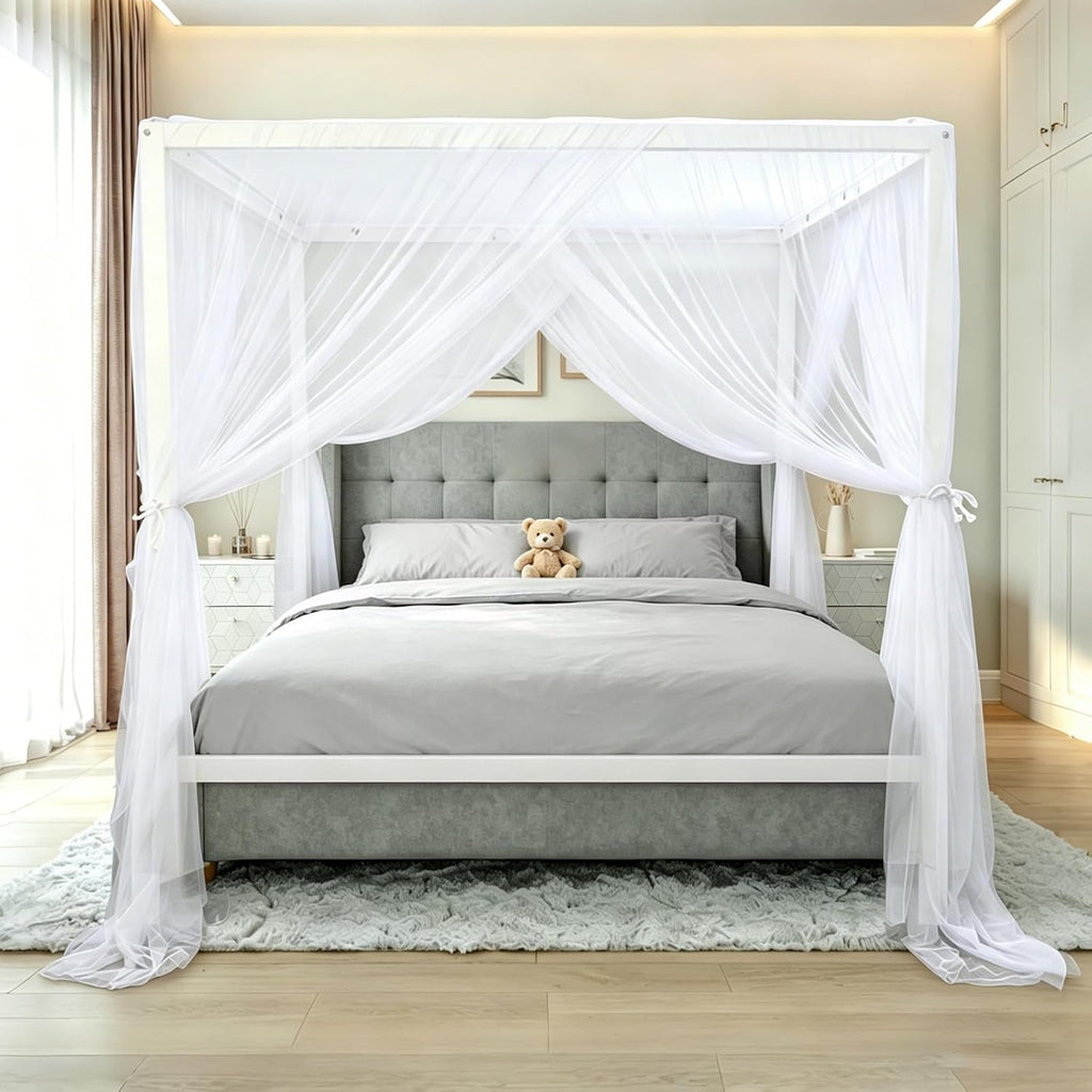 tupi Canopy Bed Curtains for King Size Bed, 100% Polyester Breathable Bed Canopy, 4 Corners Post Mosquito Net Canopy for Adults Bedroom Decor-White