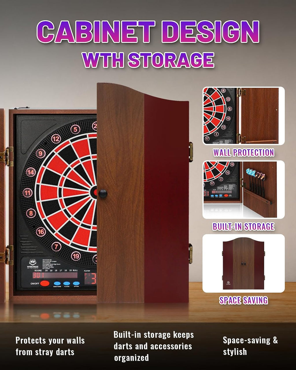Electronic Dart Board with Cabinet Set, Dartboard with 8-Player Color Light | 3 Large LCD Displays with 34 Games, Automatic Scoring, 12 Darts+100 Tips, Great Gift for Man Cave Game Room Home Bar