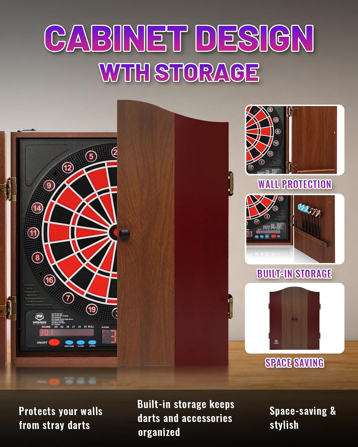 Electronic Dart Board with Cabinet Set, Dartboard with 8-Player Color Light | 3 Large LCD Displays with 34 Games, Automatic Scoring, 12 Darts+100 Tips, Great Gift for Man Cave Game Room Home Bar