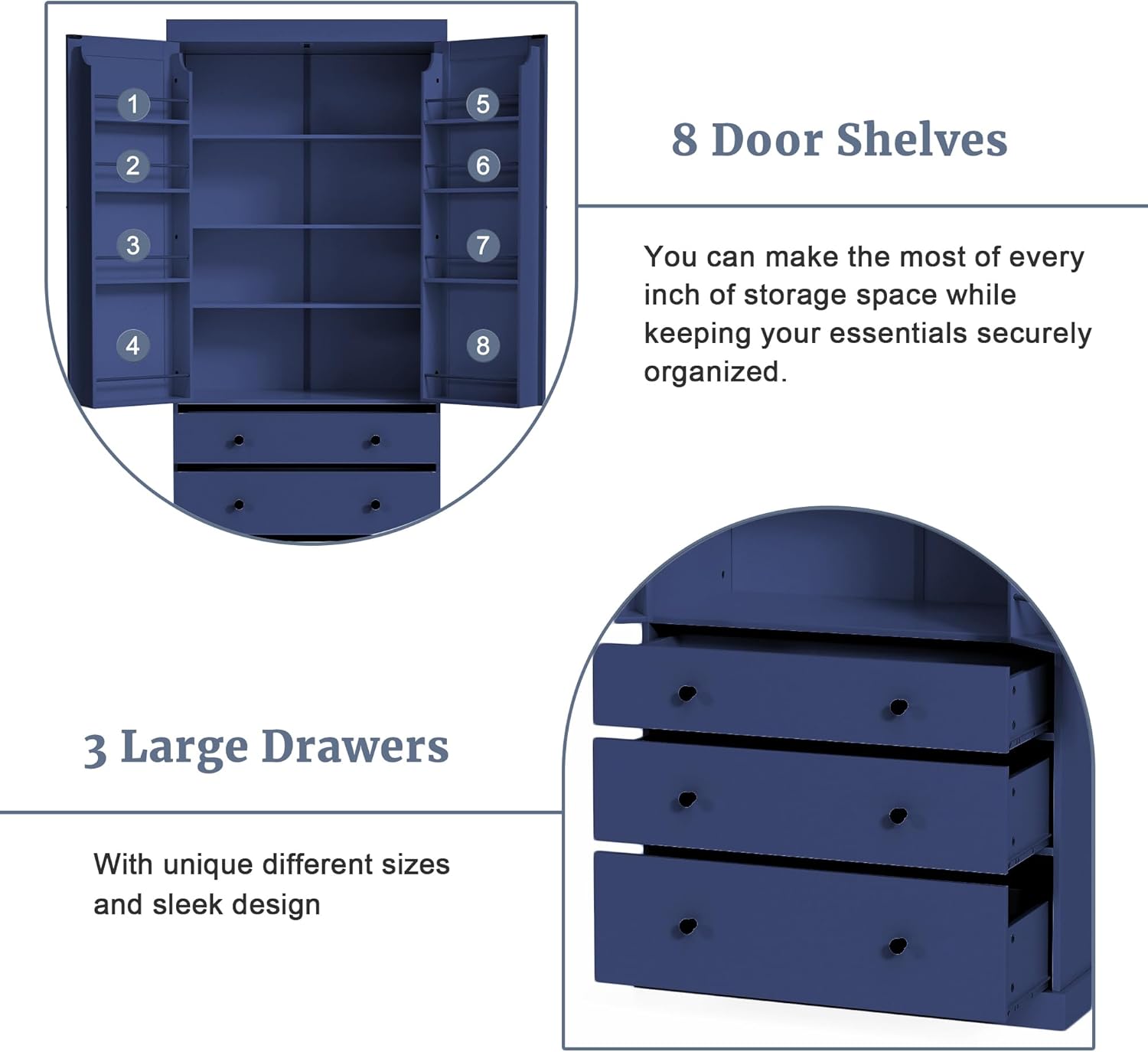 Tall Kitchen Pantry Cabinet Wood Freestanding Large Cupboard with 3 Drawers, 8 Door-Shelf and Adjustable Shelves for Dining Room (Blue)