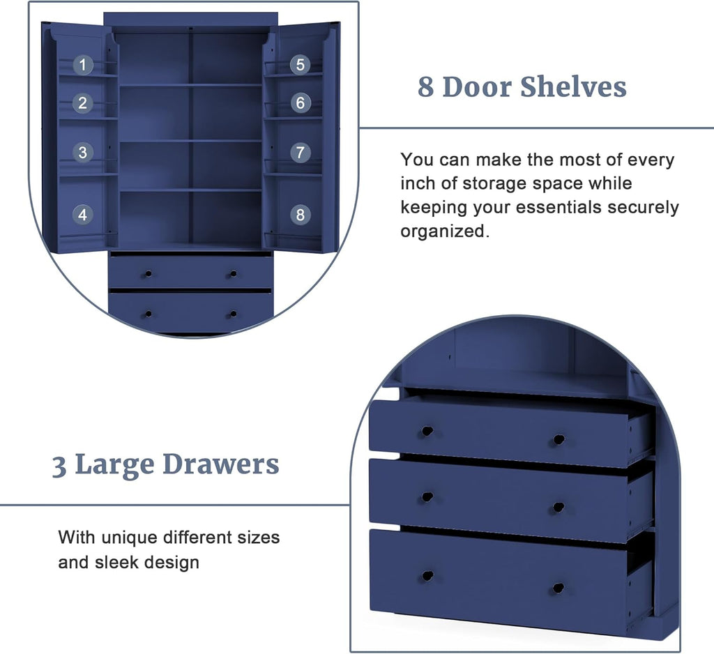 roomfitters 77 Inch Farmhouse Kitchen Pantry Cabinet with 8 Door Shelves and 3 Drawers, Tall Cupboard, Blue