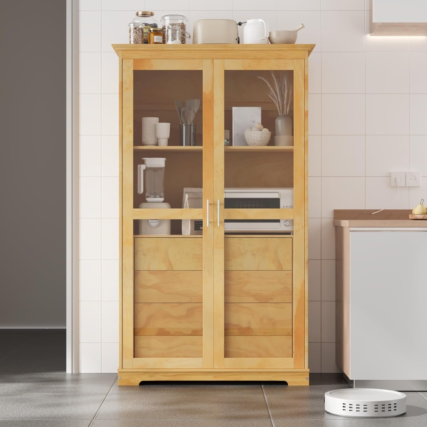 Freestanding pantry organizer armoire solid pine wood, glass double doors, four sliding drawers, adjustable shelf, kitchen hutch for dining area, office, living room display cupboard (Natural)